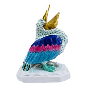 1980s Herend Hungary Handpainted Large Pelican 5073 Green Fishnet