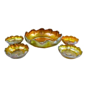 Louis Comfort Tiffany Iridescent Gold Favrile Ruffle Glass Salts Master and Personal Salt Cellars