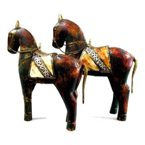 1950s Vintage Pair of Tall Solid Wood Carved Horse Sculptures With Copper and Brass Accents