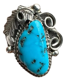 Late 20th Century Signed Navaho Turquoise Sterling Silver Ring Size 7.75