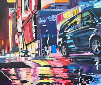 Angela Wakefield, Neon Reflections in the New York City Rain by Contemporary British Urban Artist, 2