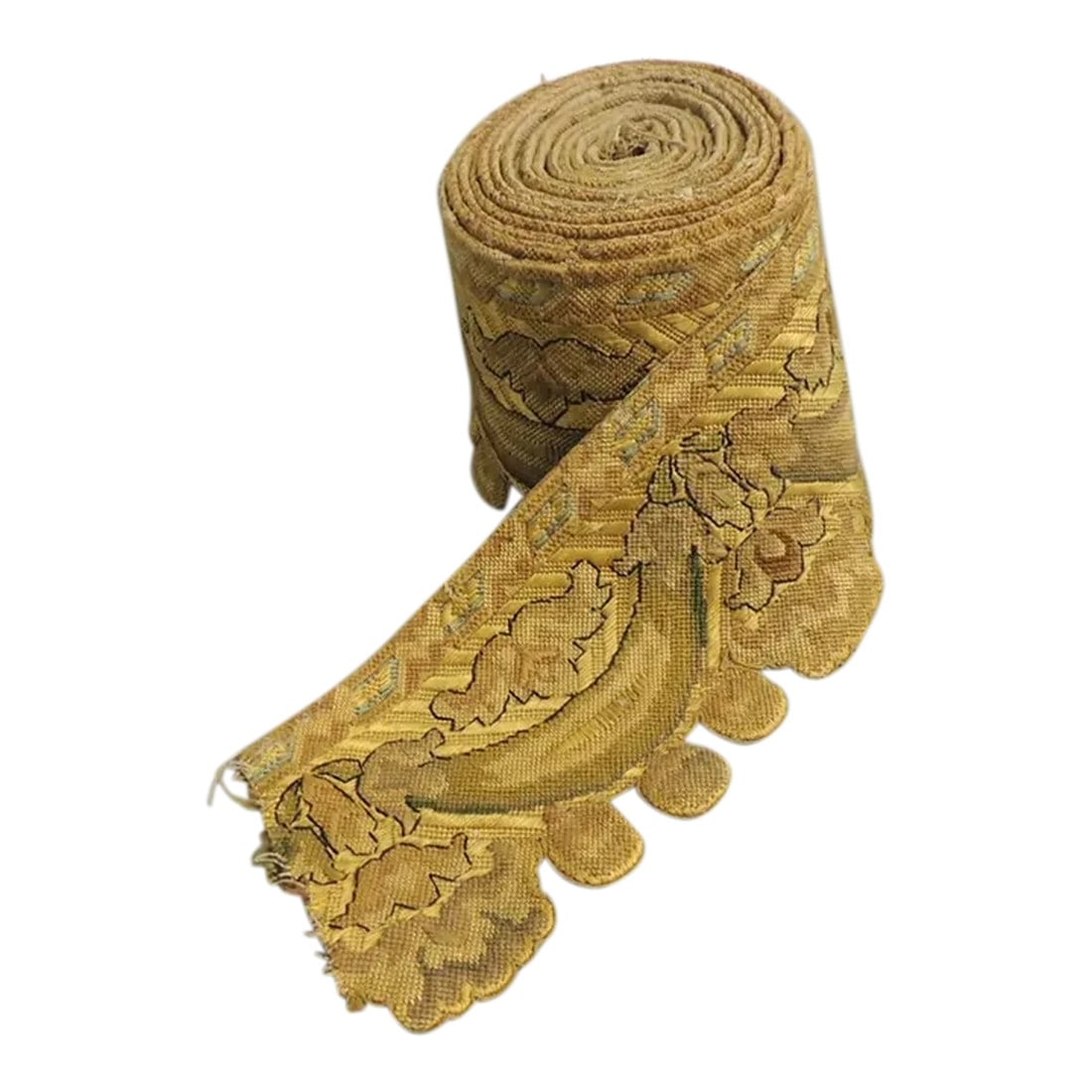 Antique Green & Gold Tapestry Decorative Trim: Antique Green & Gold Tapestry Decorative Trim/border Heavy woven silk and wool Size:4.75"W x 4.5 Yards Long Condition: Alterations: Original Condition Unaltered Imperfections: Some Imperfections Condi