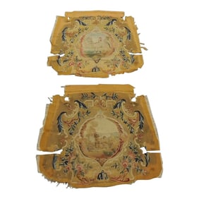 Antique Yellow & Red Aubusson Tapestry Chair Seat Covers - Set of 2