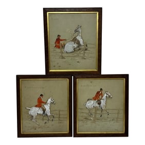 Set 3 English Hunting Sequence Paintings Red Coat Rider Huntsman on Grey Horse by Charles Johnson Pa