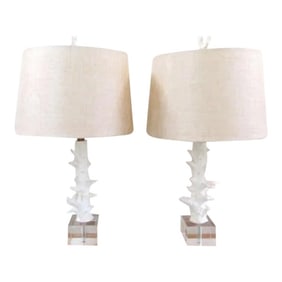 Pair of Uttermost Corallo White Coral Crystal Cube Wood Pattern Base Table Lamps
