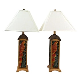 Matched Pair of Parrot Motif Table Lamps With Custom Linen Shades Attributed to Tommy Bahama