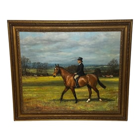 British Framed Oil Painting Worcestershire Hunt Huntsmen Top Hat Up Bay Horse Pug C1972