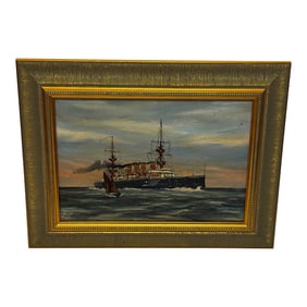 Antique British Framed C1900's Seascape Oil Painting HMS Powerful Royal Navy Cruiser Ship Follower C