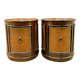 Matched Pair of Tommy Bahama Sandpiper Rattan Round Lamp Tables Side Tables 545-950