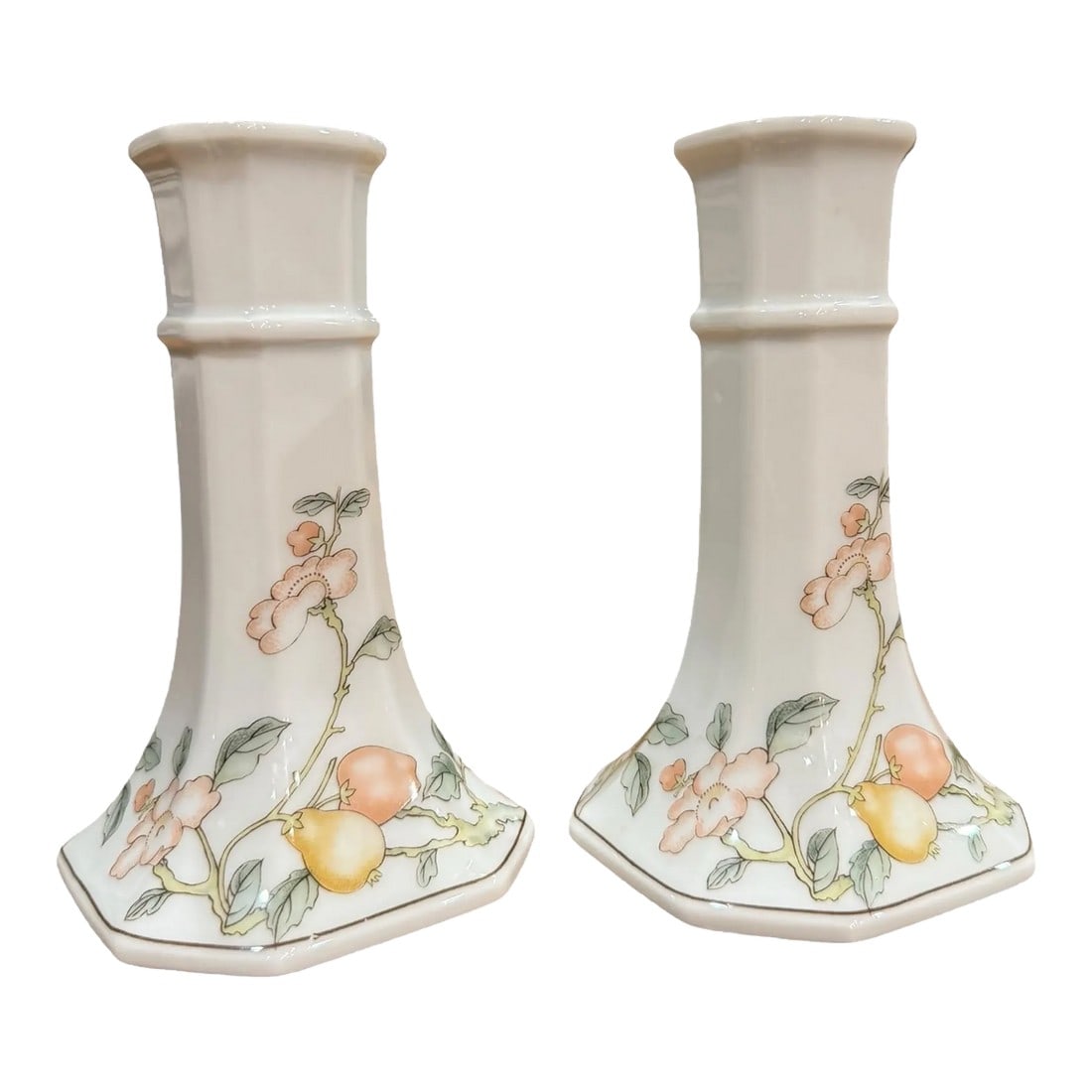 Villeroy and Boch Floral Candlestick Holders Fruit Garden - a Pair: Matching pair of vintage Villeroy & Boch Fruit Garden porcelain candlesticks-Fruit Garden pattern This pattern was produced from 1983 to 1991. Marked Heinrich Germany Villeroy & Boch Fruit Garden Exce