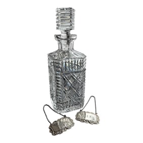 Vintage Vodka Gin Waterford Crystal Strawberry Square Master Cutter Spirits Decanter & Silver-Plate