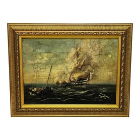 19th Century Seascape Oil Painting Burning Sinking HMS Bombay Ship Follower Richard Brydges Beechey