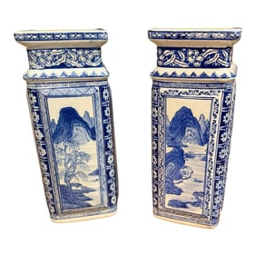 Vintage Chinese Qianlong Style Blue and White Porcelain Vases- a Pair