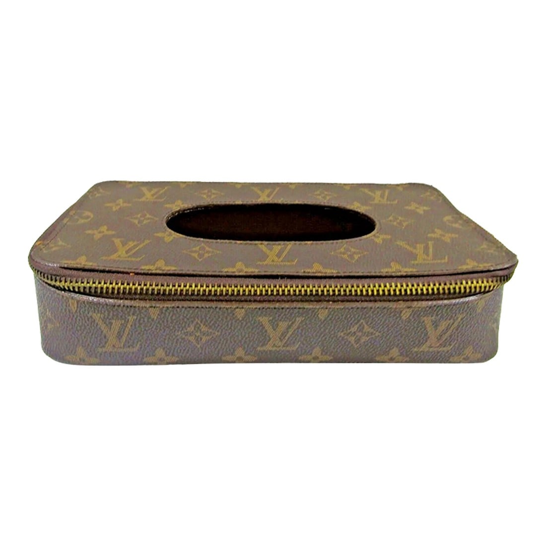 1980s Louis Vuitton Monogram Leather Zippered Tissue Holder Box: Louis Vuitton Monogram Leather Zippered Tissue Holder Box A Louis Vuitton leather tissue holder box with brass zipper pull, circa late-20th century, 1980s, '90s, France. A chic Louis Vuitton tissue bo