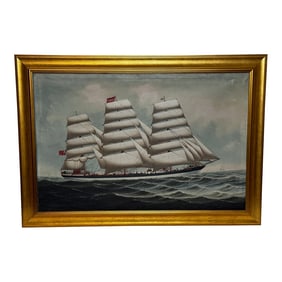 Large Antique British Victorian Seascape Oil Painting Wiscombe Park Ship Enroute to Australia John B