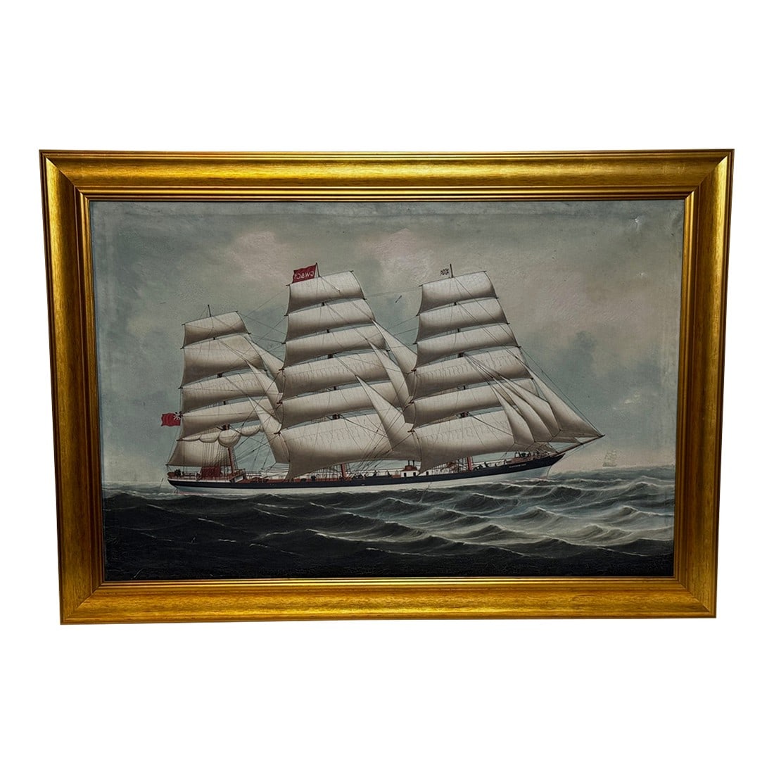 Large Antique British Victorian Seascape Oil Painting Wiscombe Park Ship Enroute to Australia John B: 1 British Antique Framed Historical Seascape Marine Large Victorian Oil Painting Wiscombe Park General Cargo Square Rigger Sailing Steel Ship John Blumer & Co Enroute to Australia After William Huggin