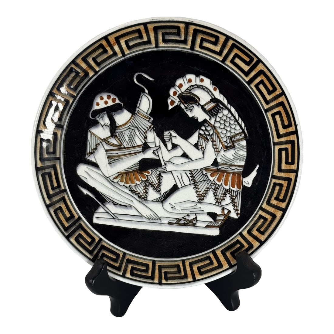 Late 20th Century Handmade Greek Decorative Plate - Achilles & Patroclus Scene: This handmade Greek ceramic plate features a stunning black-figure design depicting Achilles binding the wound of Patroclus, a classic scene from Homer's Iliad. Handmade in Greece, it is a vintage-sty