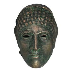 Bronze-Style Fragment Head Sculpture With Verdigris Patina