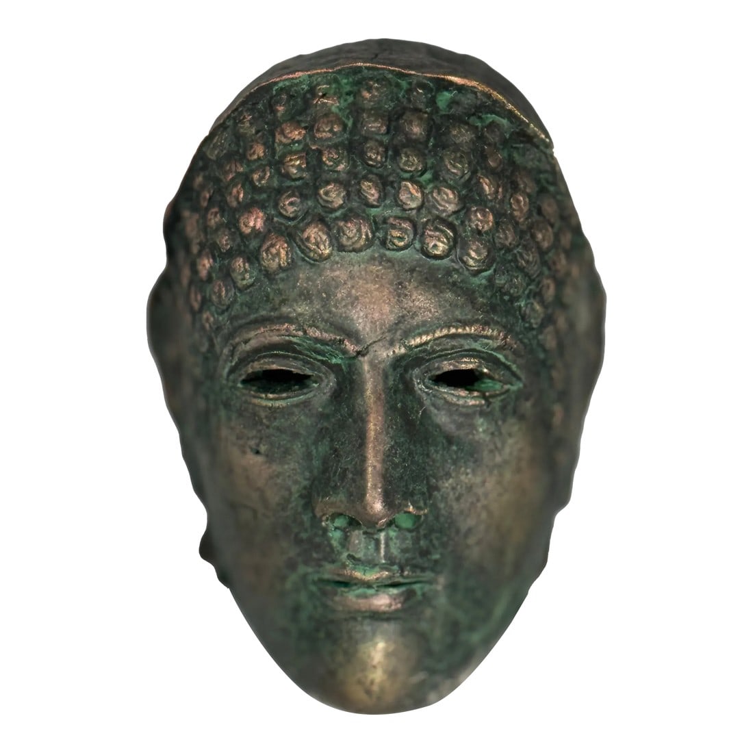 Bronze-Style Fragment Head Sculpture With Verdigris Patina: This striking lightweight metal sculpture is a modern decorative piece inspired by ancient Greco-Roman and Gandharan art. Featuring finely detailed facial features, curled hair, and a textured verdigr
