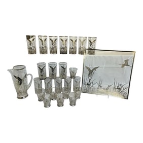 Mid 20th Century Barware Rockwell Silver Glass Ducks & Reeds Sterling Silver Overlay Set of 25 With
