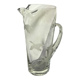 Vintage Flying Mallards Ducks Frosted Ice Lip Clear Glass Cocktail Pitcher