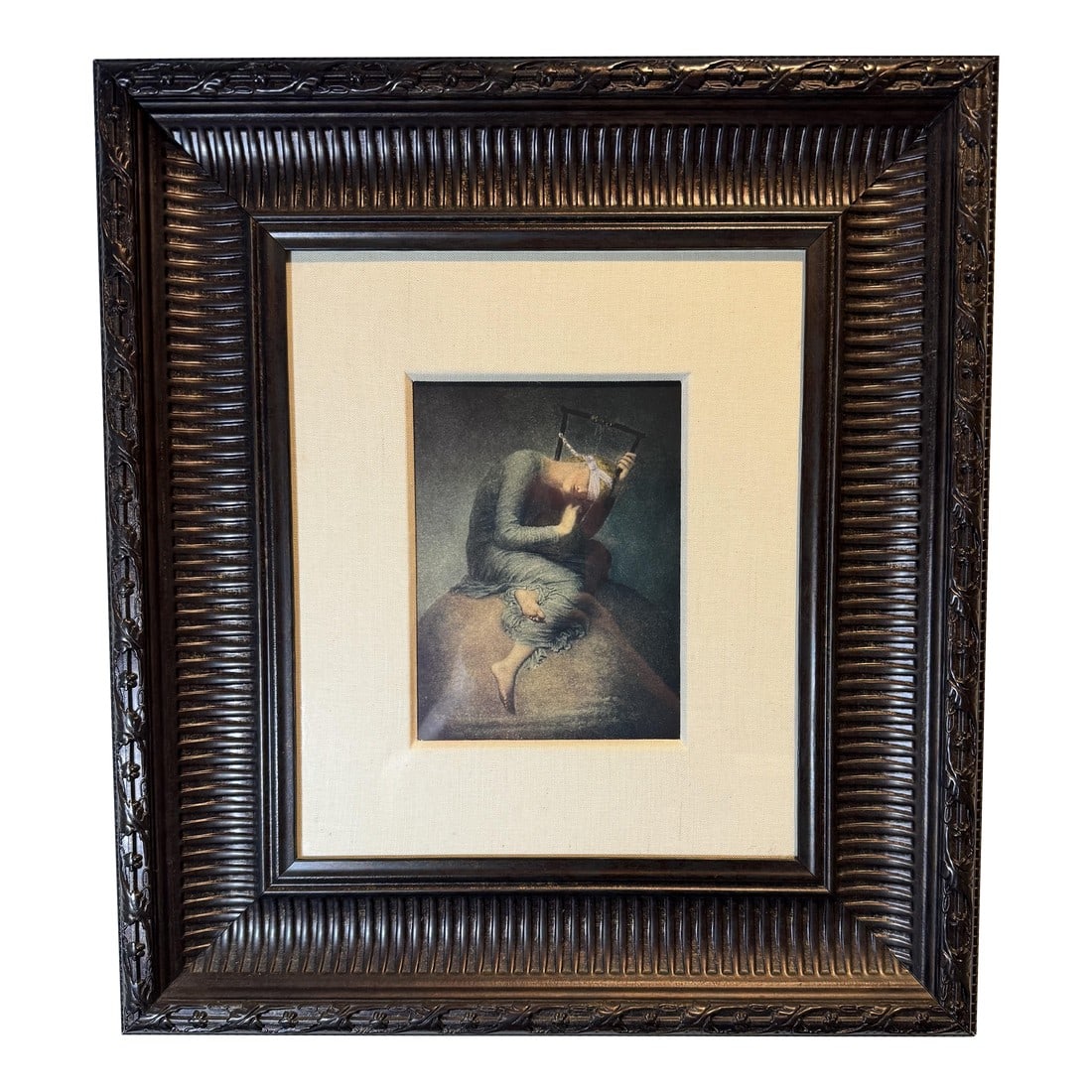 Hope by George Frederick Watts - Framed Vintage Lithograph: This is a vintage lithograph of Hope, the renowned painting by George Frederick Watts (1817–1904). The artwork, originally created in 1886, is a symbolist masterpiece that conveys resilience and