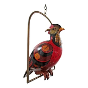 1970s Vintage Sculpture Large Paper Mache Bird on Hanging Brass Perch Attributed to Sergio Bustamant