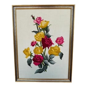 1970s Signed Textile Wall Art Embroidered Red Yellow Floral Gold Framed