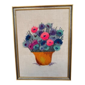 1970s Signed Textile Wall Art Embroidered Floral Gold Framed