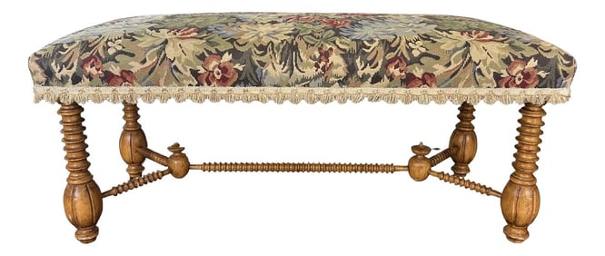 Vintage Jacobean Style Floral Tapestry Wood Hall Bench - Turned Legs and Scalloped Fringe Trim