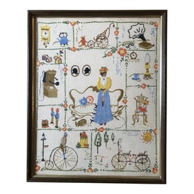 Vintage Textile Wall Art Crewel Embroidery Needlework Fine Detail Scenes of Victorian Era