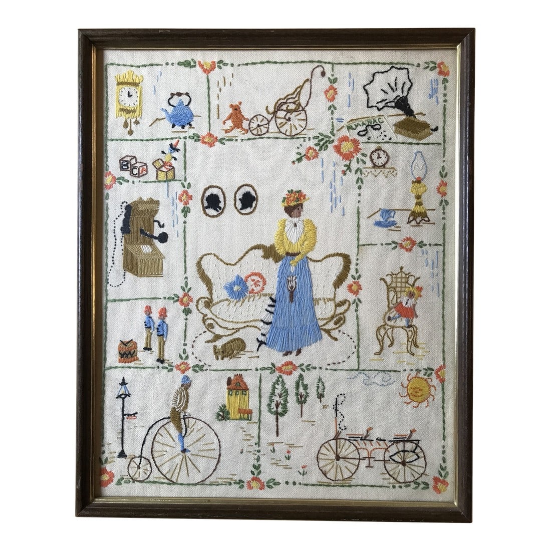 Vintage Textile Wall Art Crewel Embroidery Needlework Fine Detail Scenes of Victorian Era (1 of 12)
