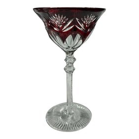1960s Art Deco Ruby Red Cut to Clear Crystal Stemware Wine Glass