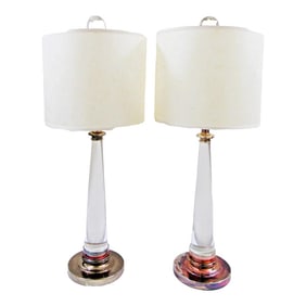 Pair of Lucidity Silver and Crystal Table Lamps With Shades Finials Attributed to Robert Abbey