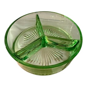Mid 20th Century Uranium Green Depression Glass Divided Dish Bowl