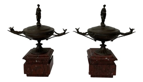 19th Century French Napoleon III Period Bronze Lidded Urns on Marble Bases - a Pair
