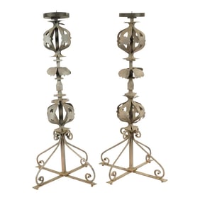 Vintage Tall Baroque-Style Iron Candlesticks, a Pair