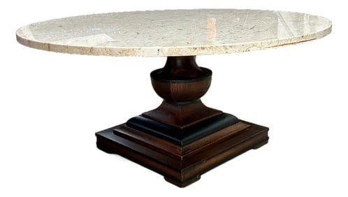 Vintage Mid-Century Italian Marble and Wood Pedestal Coffee Table - Ivory Round Top & Sculptural W