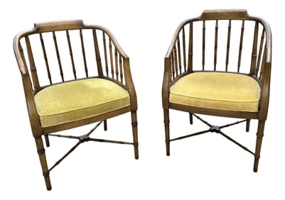 Vintage Drexel Campaign Style Dining or Club Chairs - Bamboo Detailing & Original Upholstery