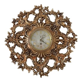1960s Vintage Syroco Gold Resin 8-Day Windup Wall Clock -- Round