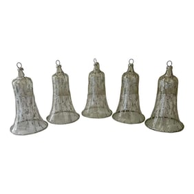 Vintage Delicate Glass Bells with Silver Glitter Ornaments- Set of 5