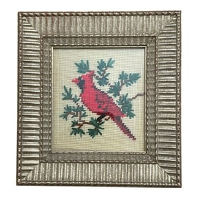 Late 20th Century Vintage Framed Cross Stitch - Red Cardinal