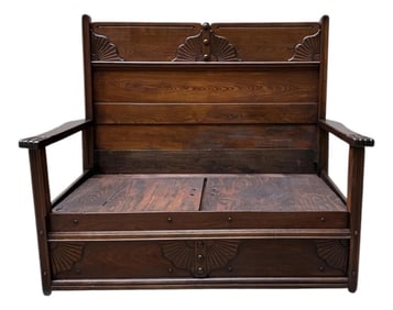 Late 19th Century Antique Victorian Eastlake High Back Box Settle Bench with Storage
