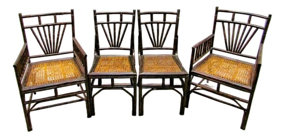 1950s Burnt Bamboo Cane Seat Dining Chairs- Set of 4