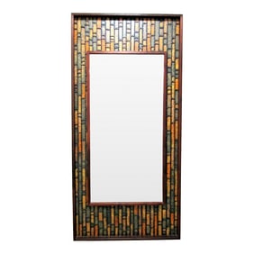 Vintage Walnut Mid-Century Modern Faux Tile Brutalist Wall Mirror