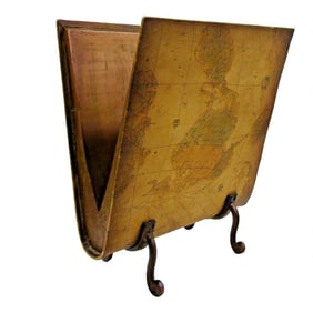 1960s Large Mid-Century Map Book Brown Leather and Cast Iron Magazine Rack Attributed to Maitland -