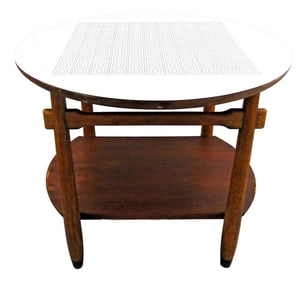 1950s Vintage Lane Round Two Tier Greek Key Pattern Laminate Top Occasional Side Table