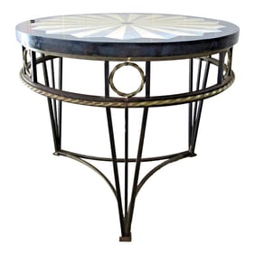 1980s Vintage Hollywood Regency Style Marble Inlay and Iron Accent Side Table Attributed to Maitland