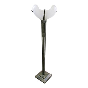 1930s French Art Deco Wrought Iron and Sculpted Frosted Glass Torchiere Floor Lamp Attributed to Ate