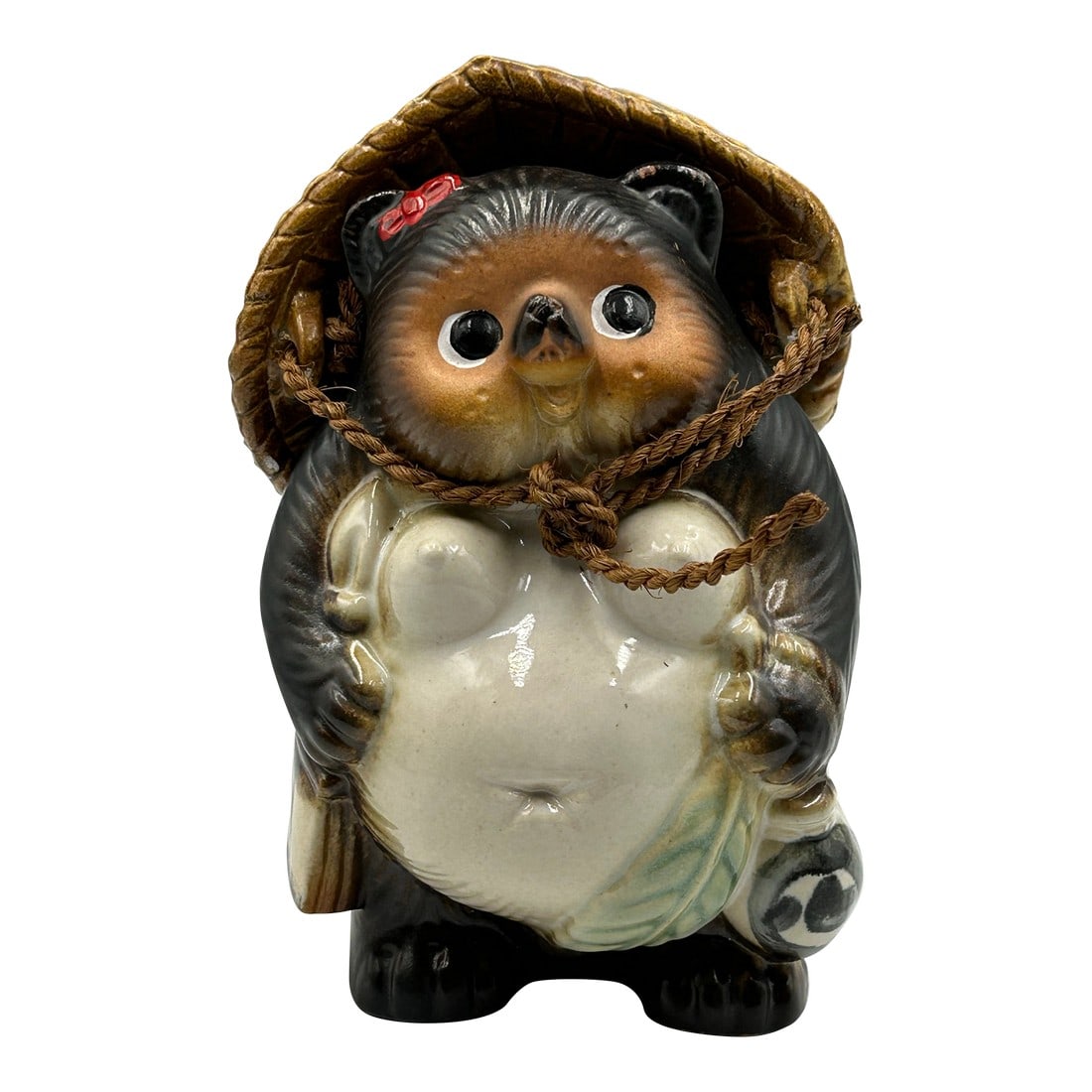 1980s Shigaraki Tanuki Raccoon Dog Female Japanese Removable Hat: Vintage whimsical female Japanese Tanuki mythical and magical raccoon dog with removable hat. No chips or cracks. Stands 7.25" tall with hat. Condition: Alterations: Original Condition Unaltered Imper